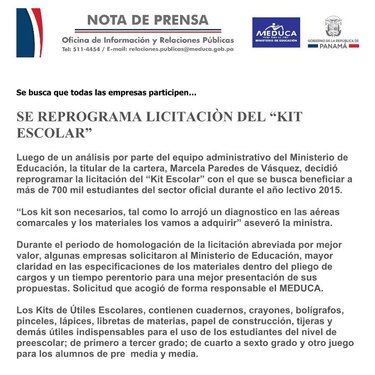 Ministerio de Educación aplaza millonaria licitación para adquirir kit de útiles escolares