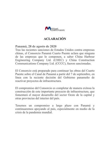 Consorcio Panamá Cuarto Puente afirma que sus empresas no fueron sancionadas por Estados Unidos