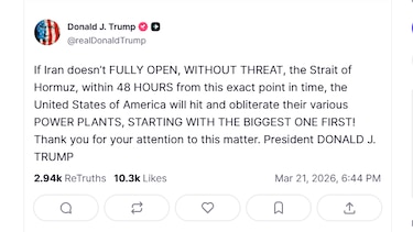 Trump amenaza con atacar las centrales eléctricas de Irán si no abre el estrecho de Ormuz