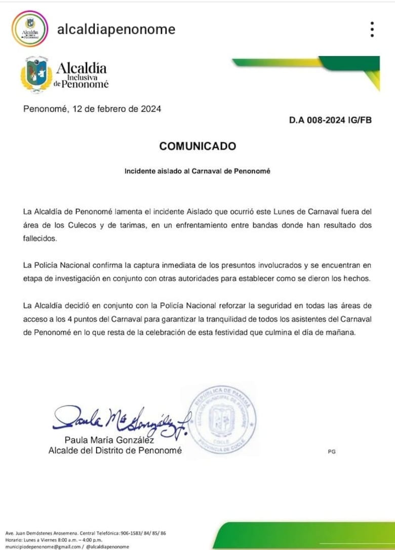 Carnaval: dos muertos y un herido tras balacera en Penonomé