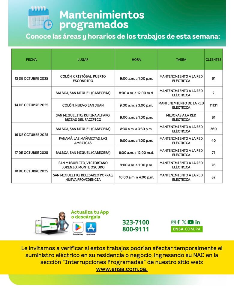 ENSA informa los mantenimientos programados del 13 al 18 de octubre de 2025 