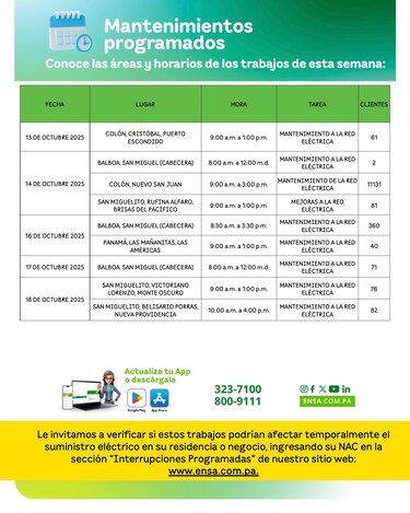 ENSA informa los mantenimientos programados del 13 al 18 de octubre de 2025