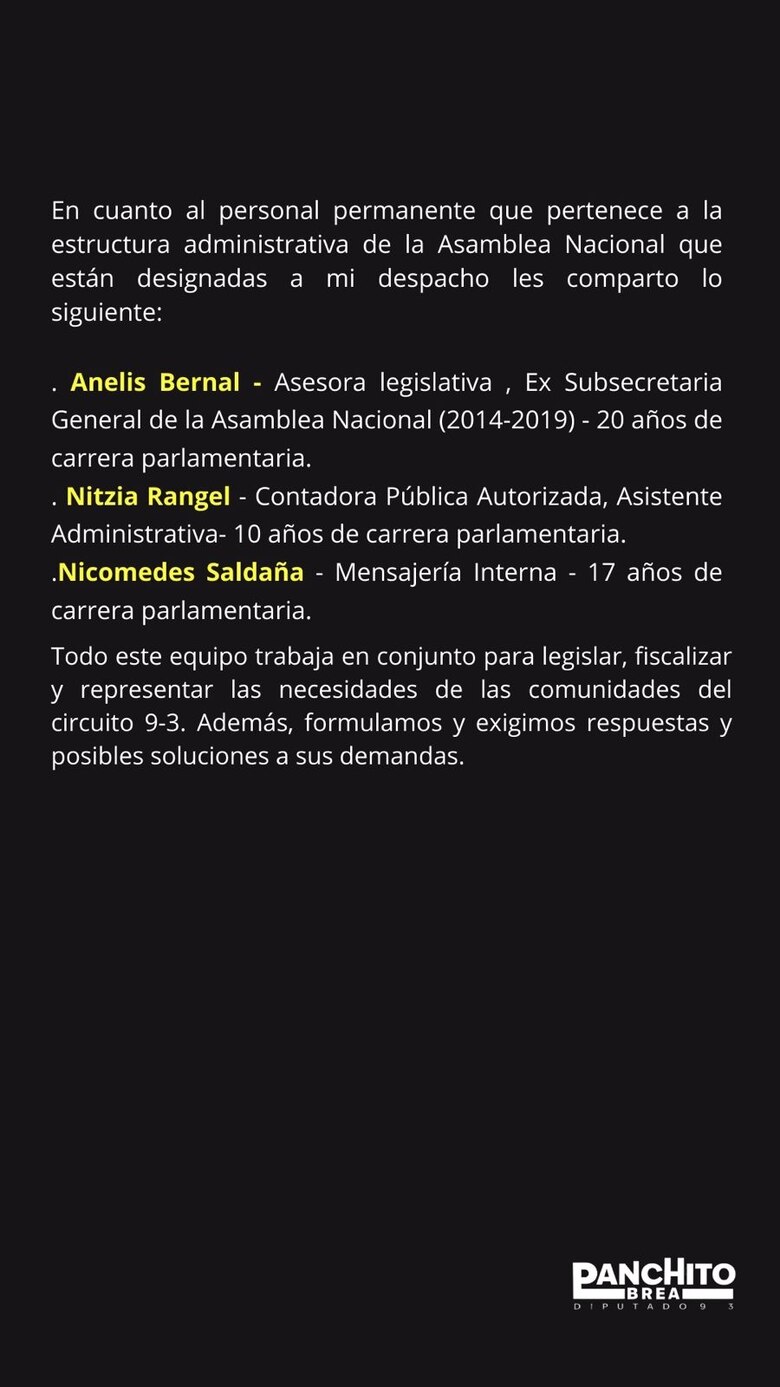 Diputado Brea responde a informe sobre gastos de planilla y detalla la composición de su equipo