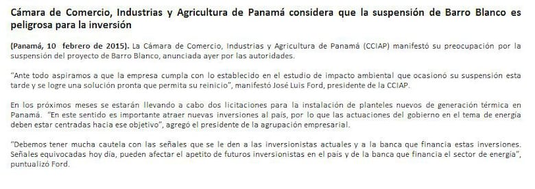 'Suspensión de Barro Blanco es peligroso para la inversión': Cámara de Comercio