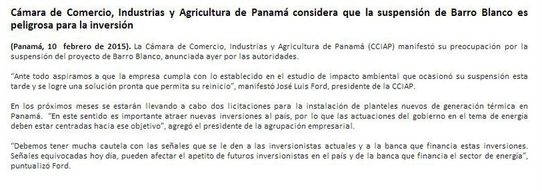 'Suspensión de Barro Blanco es peligroso para la inversión': Cámara de Comercio