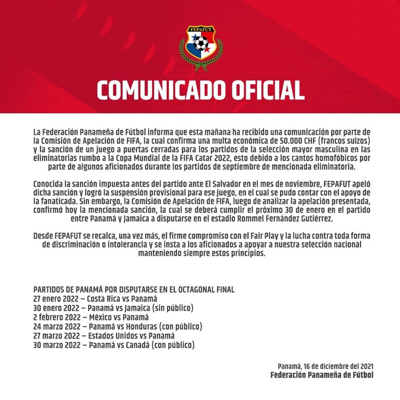 FIFA confirma multa de más de 54 mil dólares para la Fepafut y un partido sin público