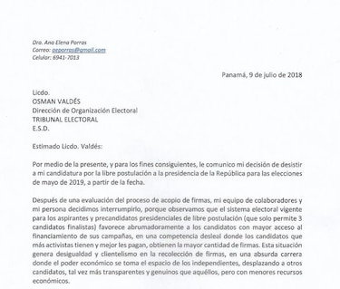 Ana Elena Porras desiste de aspiración presidencial por la vía independiente