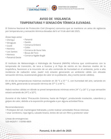 Sinaproc emite aviso de vigilancia por temperaturas y sensación térmica elevadas