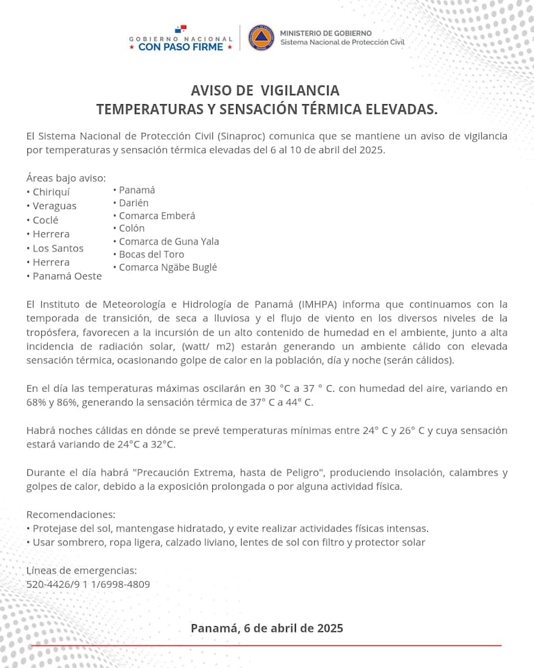 Sinaproc emite aviso de vigilancia por temperaturas y sensación térmica elevadas