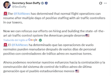 Tráfico aéreo en Estados Unidos vuelve a la normalidad tras días de recortes por el cierre federal