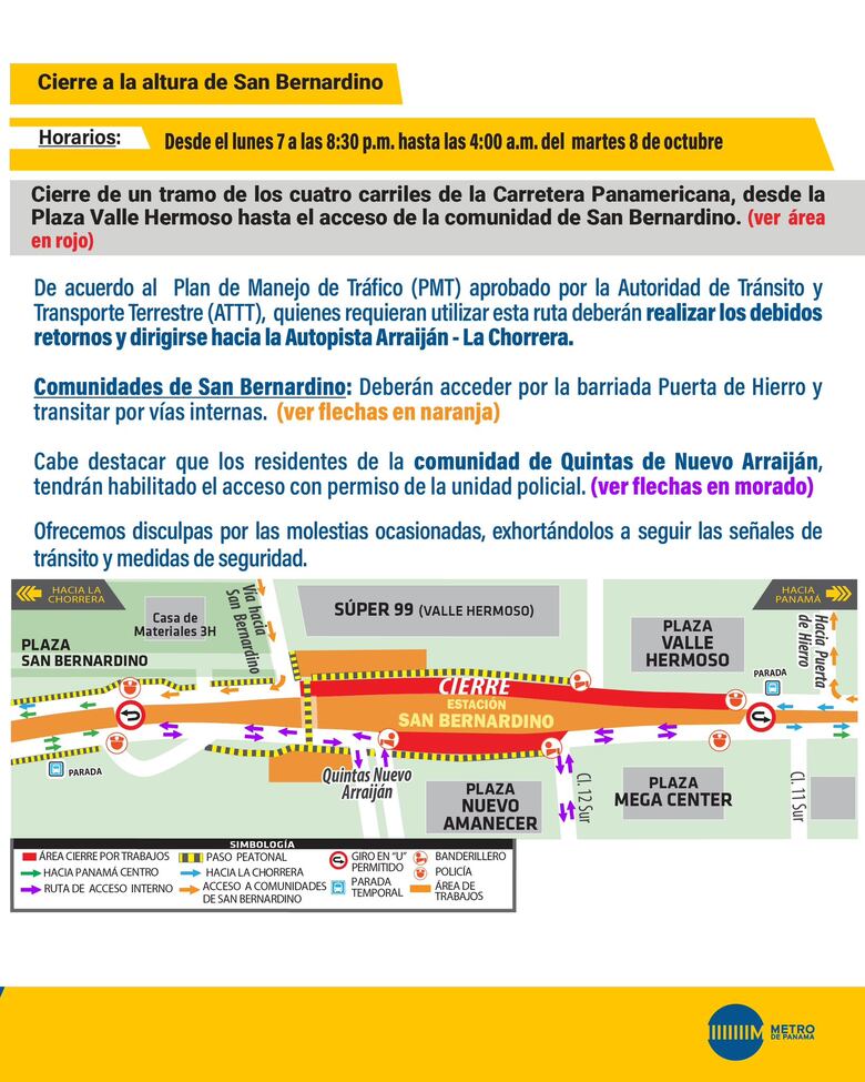 Anuncian cierre temporal de cuatro tramos de la vía Panamericana en Arraiján desde este jueves