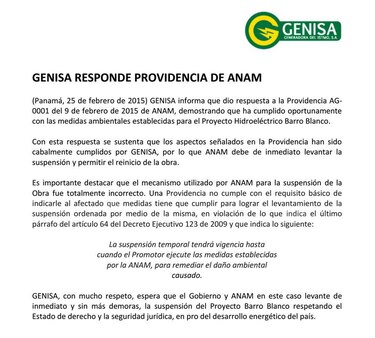 Genisa responde a la Anam y dice que ha cumplido con todas las normas en Barro Blanco