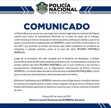 La Policía Nacional dice que rechazó trámite para incluir a Martinelli en alerta roja de Interpol