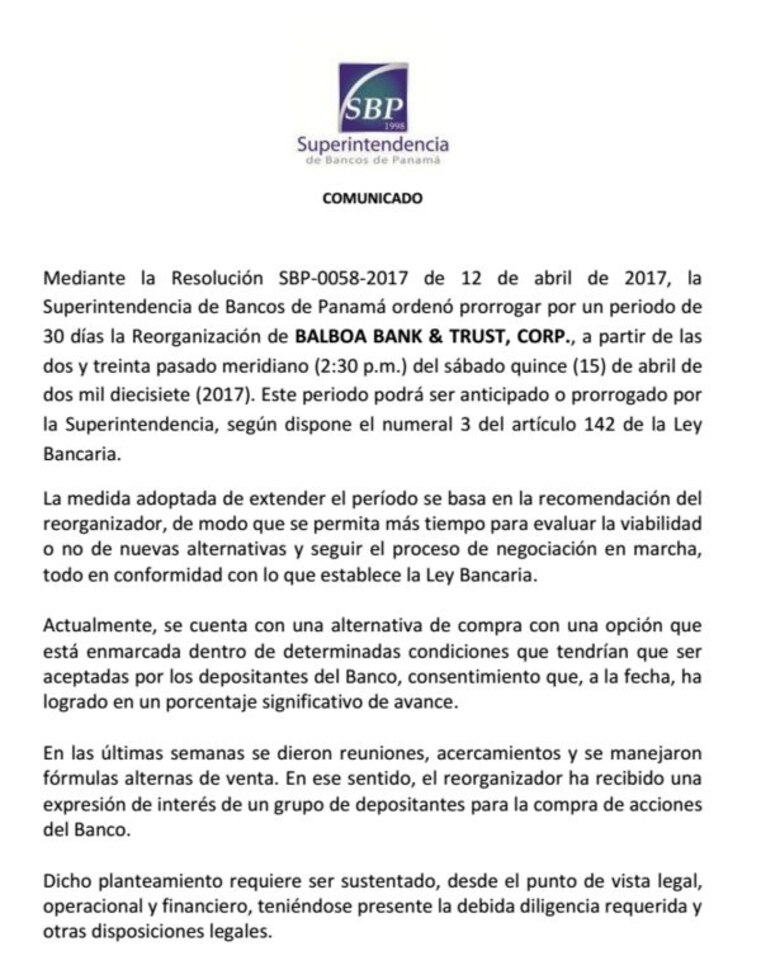 Regulador prorroga por 30 días la reorganización de Balboa Bank & Trust