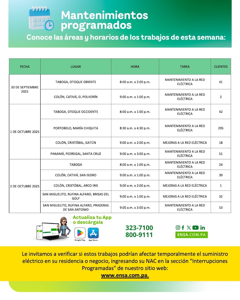 ENSA informa los mantenimientos programados del 30 de septiembre al 5 de octubre de 2025