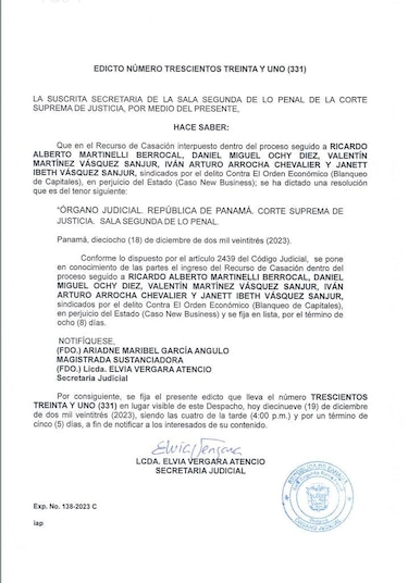 La magistrada Ariadne García deberá decidir si admite el recurso de casación presentado por Martinelli