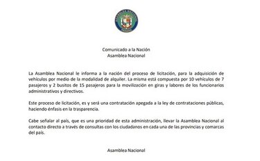 Asamblea Nacional justifica licitación para alquilar 12 vehículos por casi $300 mil