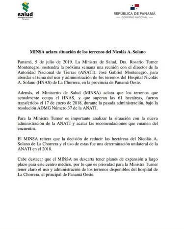 Ministra de Salud tratará con la Anati el tema del uso y administración de los terrenos del Hospital Nicolás A. Solano