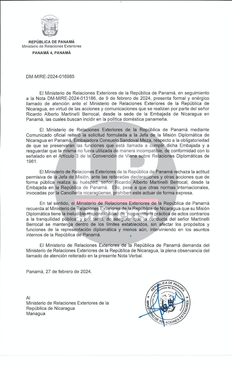 Cancillería panameña le reclama a Nicaragua por permitir que Martinelli altere la ‘tranquilidad pública’