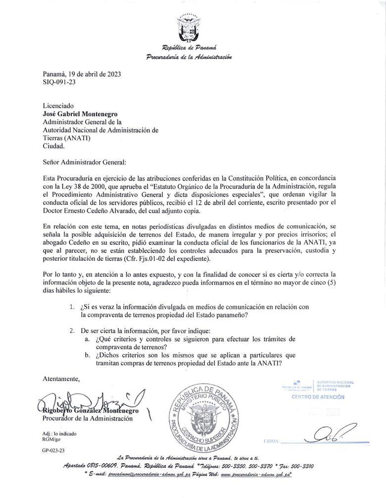 Procurador de la Administración pide explicaciones a la Anati sobre la venta de terrenos del Estado