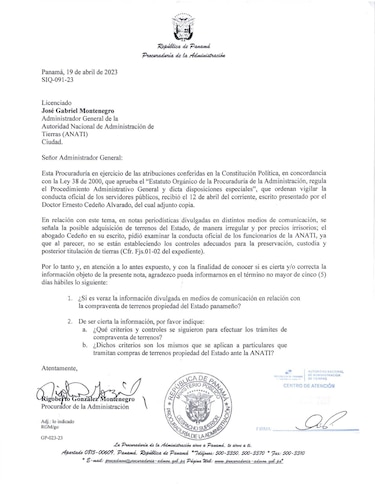 Procurador de la Administración pide explicaciones a la Anati sobre la venta de terrenos del Estado