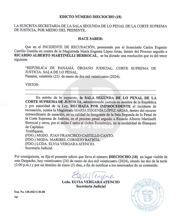 Ricardo Martinelli no logra apartar a María Eugenia López del caso New Business: le niegan la recusación