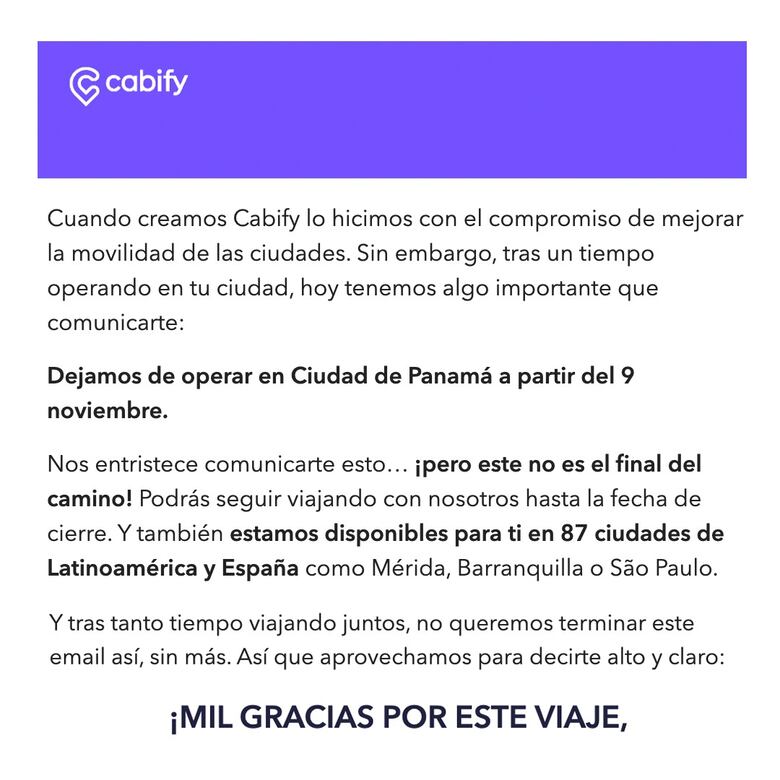 Cabify anuncia a sus usuarios que dejará de operar en Panamá