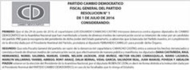 Cambio Democrático abre proceso disciplinario a diputados que votaron por Rubén De León