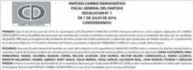 Cambio Democrático abre proceso disciplinario a diputados que votaron por Rubén De León