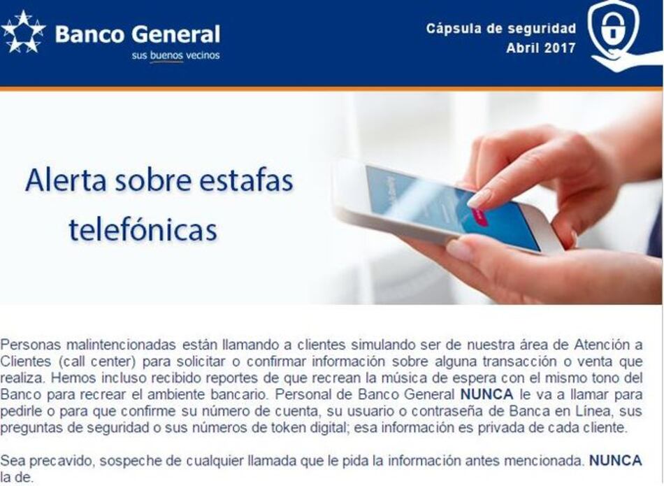 Banco General alerta a sus clientes sobre una estafa telefónica