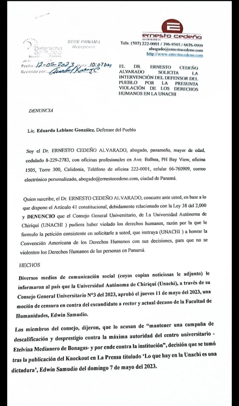 Llega a la Defensoría del Pueblo una denuncia contra la Unachi