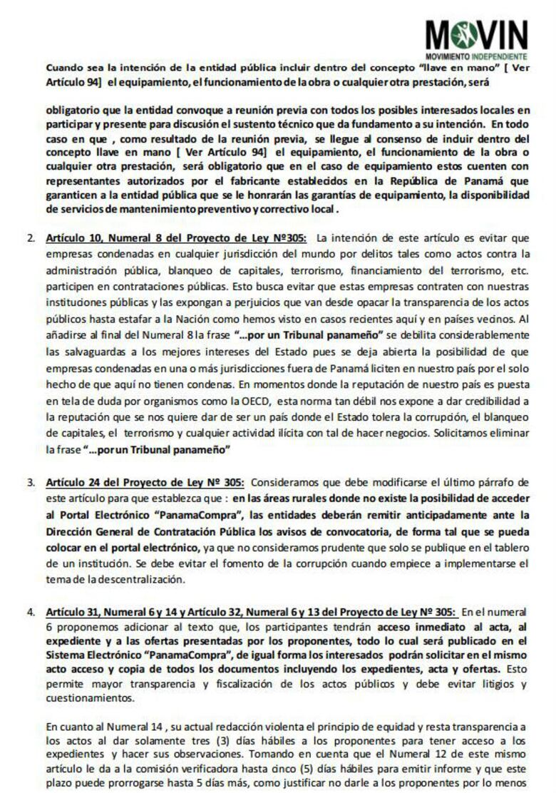 Movin presenta modificaciones al proyecto de reformas de la ley de contrataciones públicas