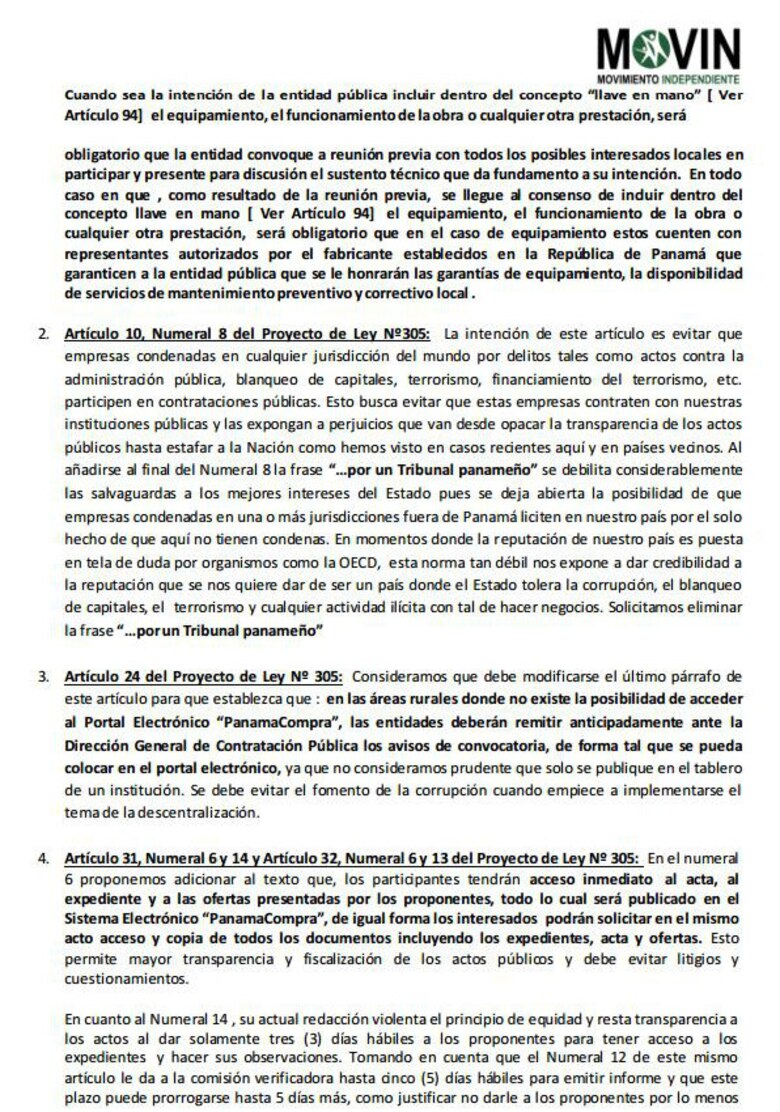 Movin presenta modificaciones al proyecto de reformas de la ley de contrataciones públicas