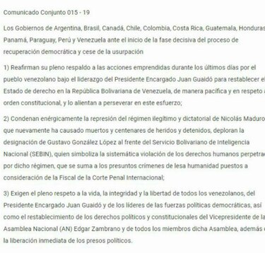 Grupo de Lima pide a militares y a tribunal de justicia retirar apoyo al régimen de Maduro