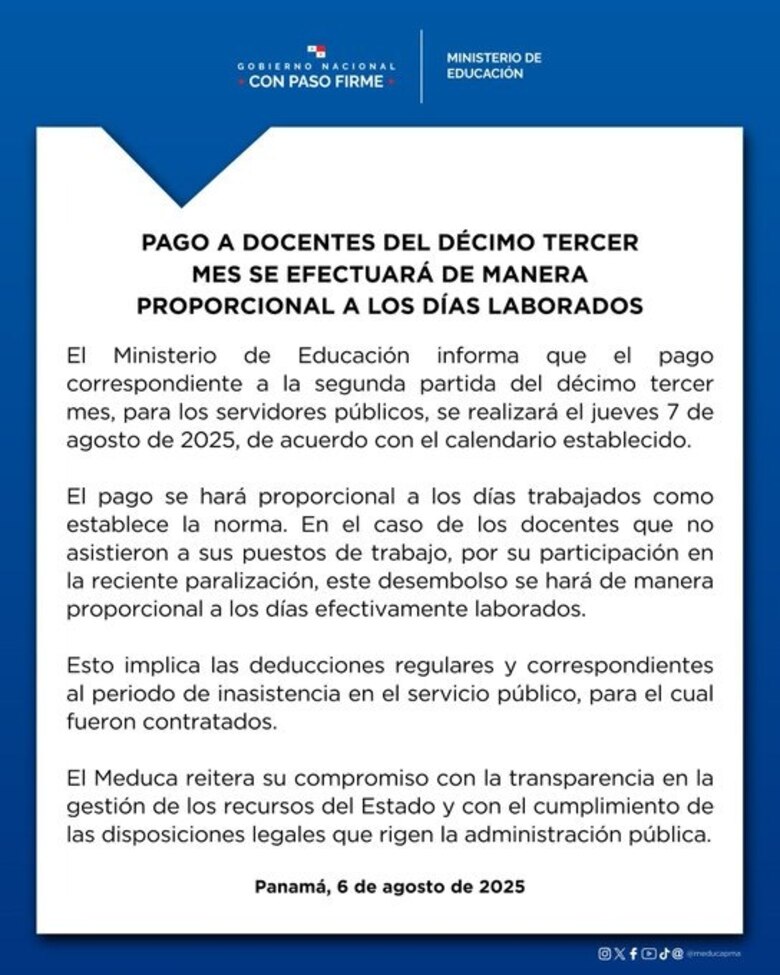 Docentes que estuvieron en huelga sufrirán un recorte en el pago del décimo