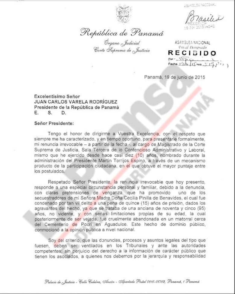 Víctor Benavides renuncia a la Corte Suprema de Justicia
