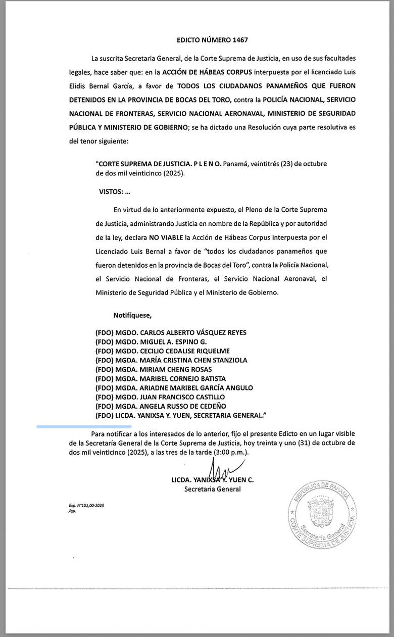 Corte Suprema de Justicia rechaza recurso que cuestionaba detenciones durante las protestas en Bocas del Toro