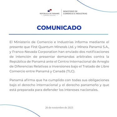 MICI anuncia que First Quantum presentaría demandas de arbitraje