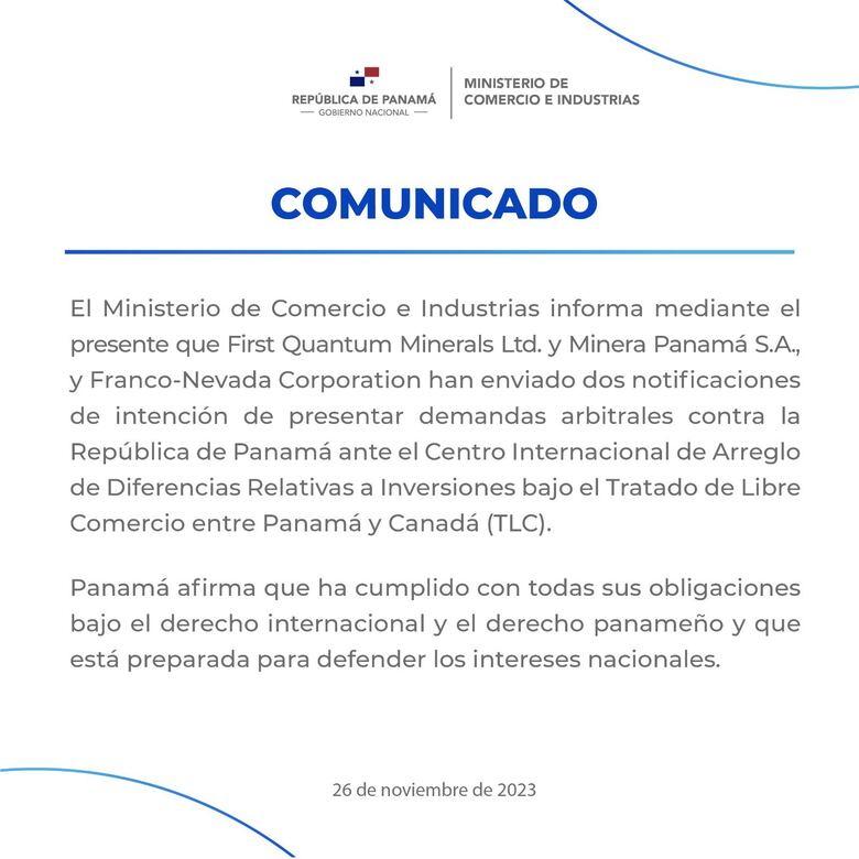 MICI anuncia que First Quantum presentaría demandas de arbitraje