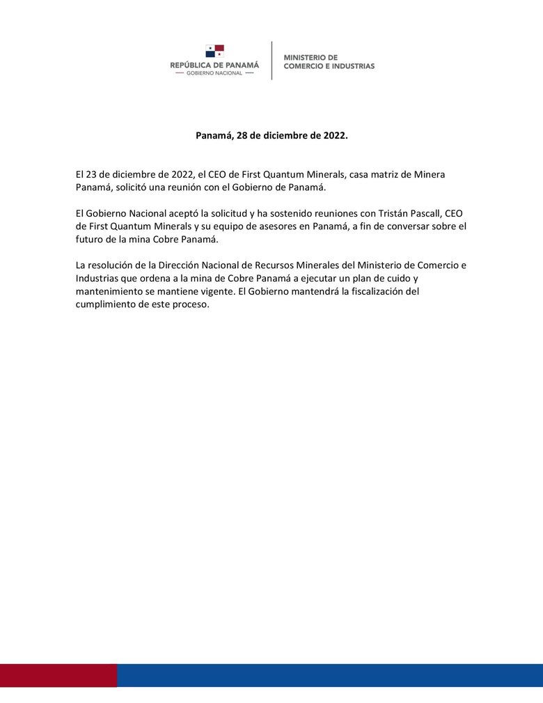 Minera Panamá espera llegar a un ‘acuerdo equilibrado’ con el Gobierno, siguen las negociaciones