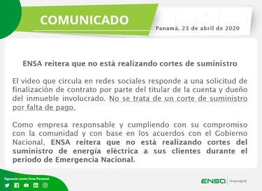 ENSA: ‘No se está haciendo corte de suministro por falta de pago’