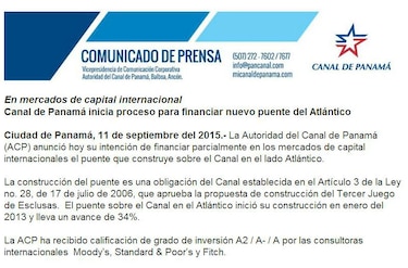 ACP busca financiamiento internacional para pagar construcción del tercer puente sobre el Canal