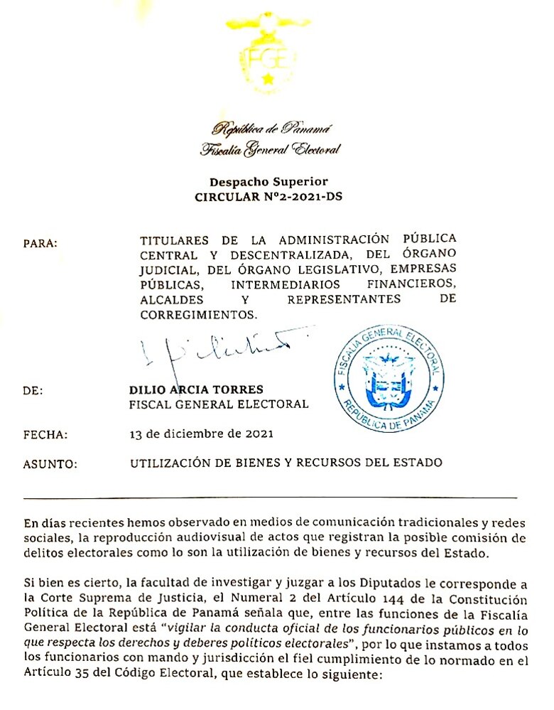 Fiscalía Electoral envía circular a ministros y directores de entidades para advertir sobre el uso de bienes con fines políticos