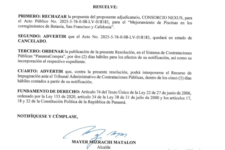 Denuncia ante el Ministerio Público frena contrato millonario de piscinas que firmó la Alcaldía de Panamá