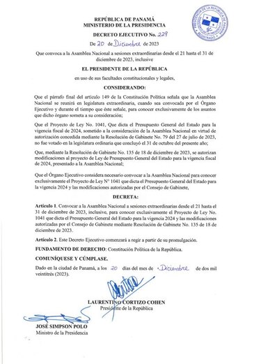 El Ejecutivo convoca a la Asamblea a sesiones extraordinarias del 21 al 31 de diciembre, para aprobar el presupuesto