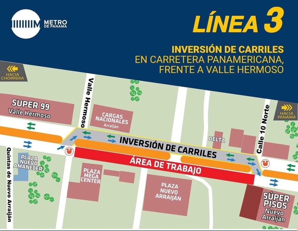Debido a trabajos del Metro habrá inversión de carriles en la Panamericana, frente a Valle Hermoso en Arraiján