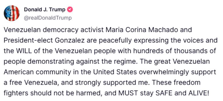 Donald Trump dice que María Corina Machado y Edmundo González deben seguir ‘vivos’ y ‘seguros’