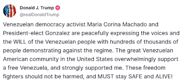 Donald Trump dice que María Corina Machado y Edmundo González deben seguir ‘vivos’ y ‘seguros’