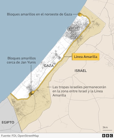 La investigación que muestra cómo Israel controla en Gaza territorio más allá de la línea amarilla, el límite acordado en el cese el fuego