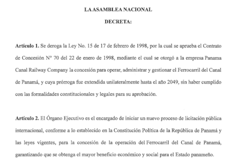 Anteproyecto para derogar la concesión a Panama Canal Railway avanza en la Asamblea: fue prohijado